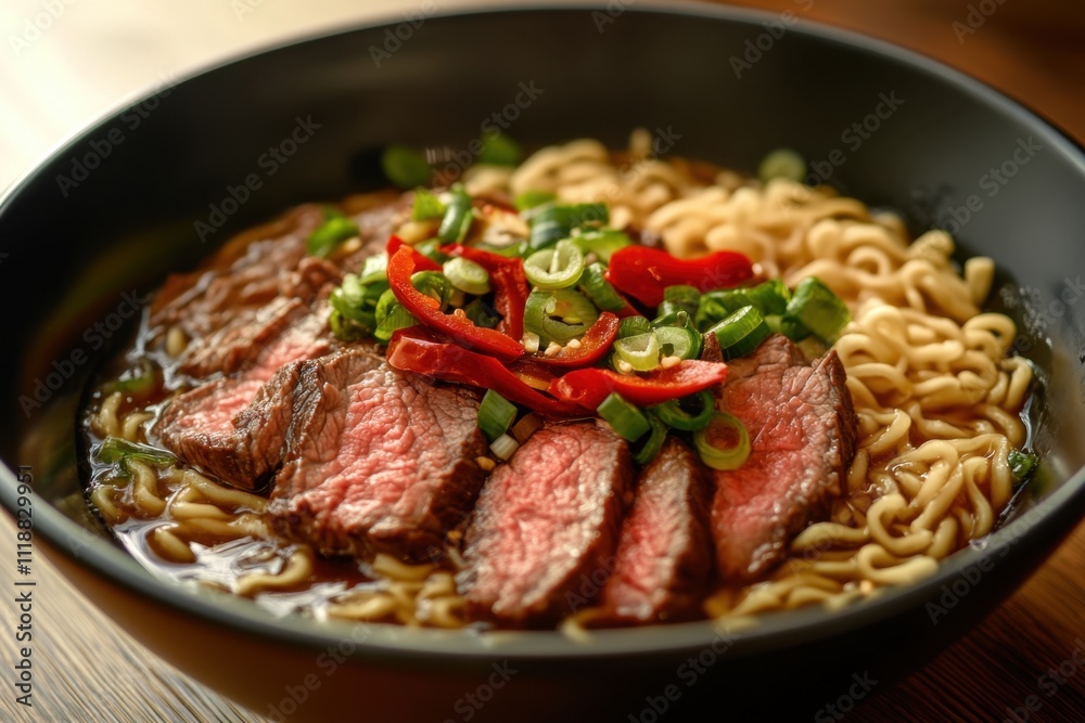 A bowl of ramen noodles topped with slices of beef, red and green chili peppers, and green onions in a rich broth. A bowl of ramen noodles topped with slices of beef, red and green chili peppers, and green onions in a rich broth.