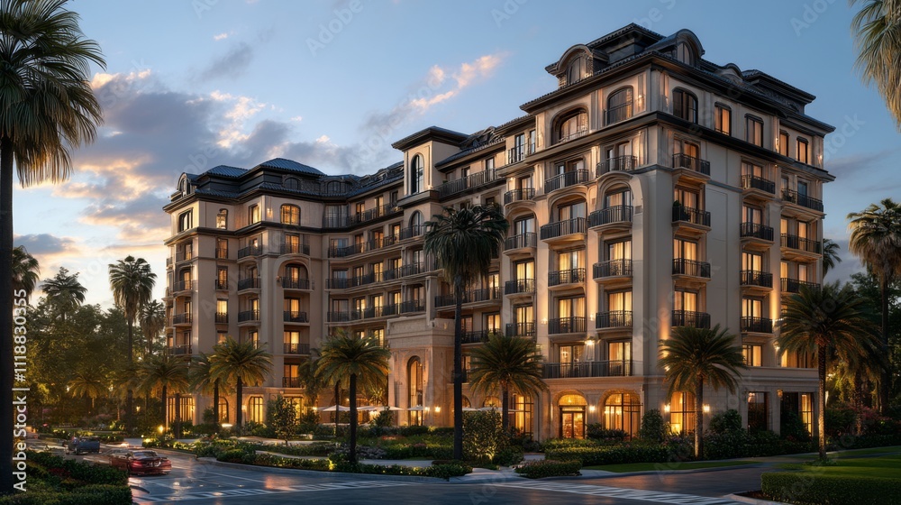 Naklejka premium Elegant Residential Building at Dusk Surrounded by Palm Trees