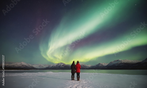 Tourists two women admiring magical aurora borealis, nature of the polar region at nighttime, looking up at glowing northern lights under sky. Woman standing in a snowy field, polar nature.