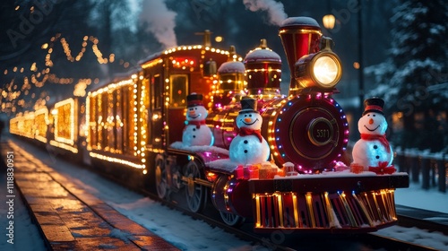 Enchanting Winter Train Journey with Lights, Snowmen, and Holiday Cheer