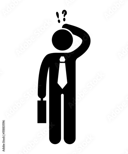 stickman drawing conceptual illustration of man or businessman thinking and asking yourself. Question marks are coming from his head. icon silhouette.