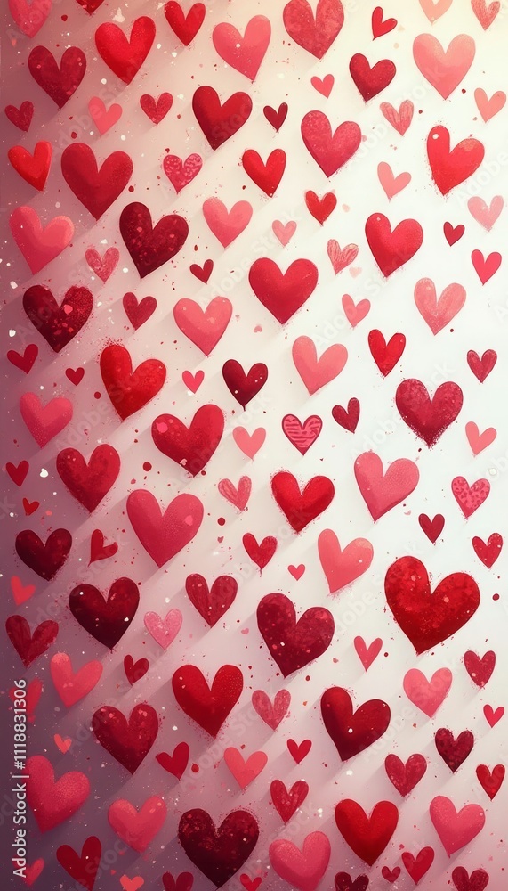 This enchanting image showcases a cascade of hearts in various shades of red and pink, creating a whimsical and romantic atmosphere. Each heart, uniquely shaped and sized, dances across a soft, light This enchanting image showcases a cascade of hearts in various shades of red and pink, creating a whimsical and romantic atmosphere. Each heart, uniquely shaped and sized, dances across a soft, light