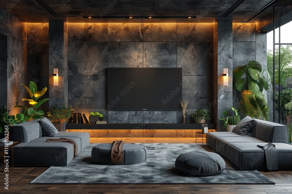 Modern living room interior with a concrete wall, gray sofa and black coffee table