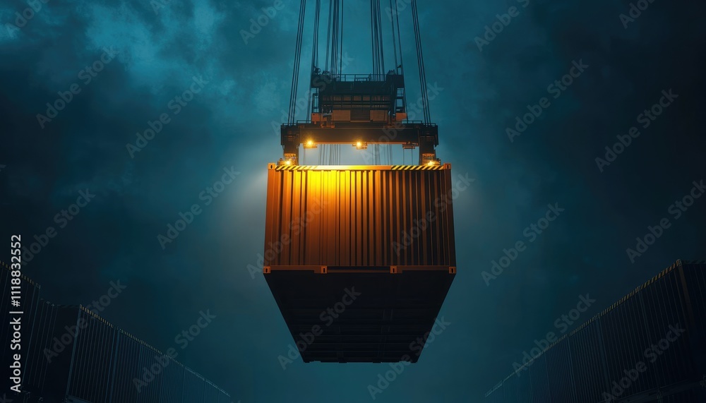 Container being lifted at shipping port front view Cargo handling efficiency Container being lifted at shipping port front view Cargo handling efficiency