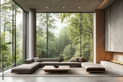 A modern, minimalist living room with large floor-to-ceiling windows, a low-profile sectional sofa, and a central coffee table. The room features natural materials like wood and stone