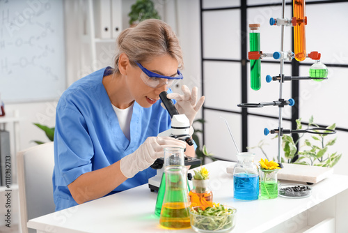Female scientist in blue sc...