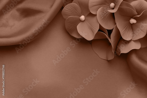 Elegant arrangement of mocha mousse beige fabric and flowers with copy space background. Modern trendy tone hue shade photo