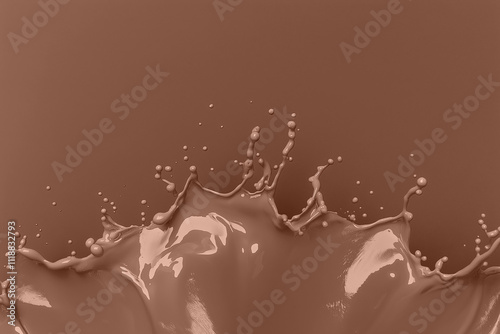 Dramatic splash of rich mocha mousse brown fluid on a smooth background. Modern trendy tone hue shade