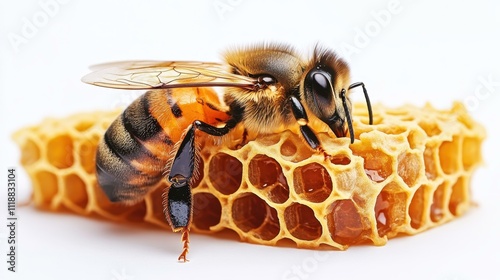 Bee lounging on a honeycomb raft honeycomb raft offering sweet escape Isolated solo on plain background One main object