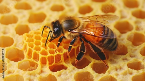 Bee lounging on a honeycomb raft honeycomb walls humming in harmony Isolated solo on plain background One main object