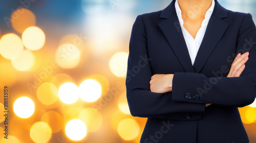 A confident businesswoman in a navy suit stands with arms crossed, exuding professionalism and poise in a blurred setting. photo