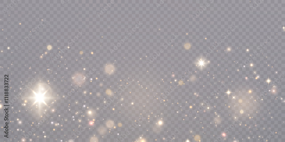 Fototapeta premium Glowing bokeh and glitter cloud effect with bright dust particles isolated on transparent background. Star cloud vector with glare and shine. 