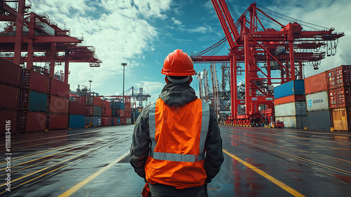 Dock worker in safety gear observing shipping containers and red cranes at a busy port. Maritime logistics and freight management concept. Design for banners, posters, and industrial presentations