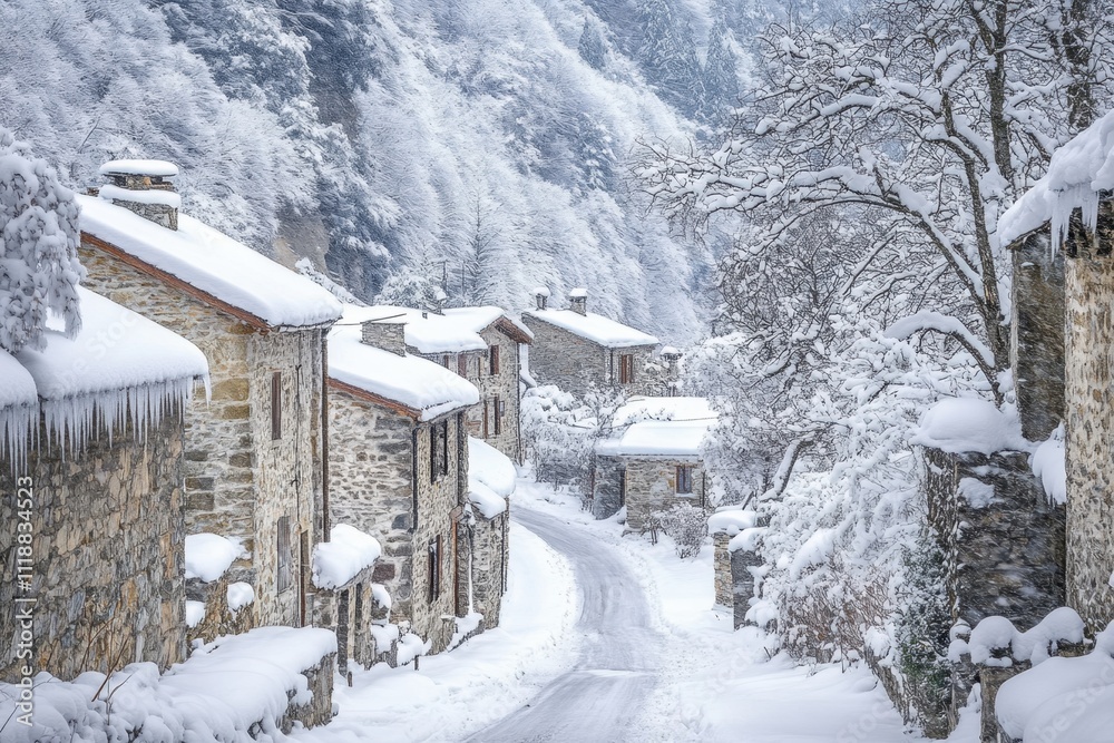 A serene winter scene of a snow-covered village with stone houses and a narrow road. The trees and rooftops are blanketed in snow, creating a peaceful and picturesque atmosphere A serene winter scene of a snow-covered village with stone houses and a narrow road. The trees and rooftops are blanketed in snow, creating a peaceful and picturesque atmosphere