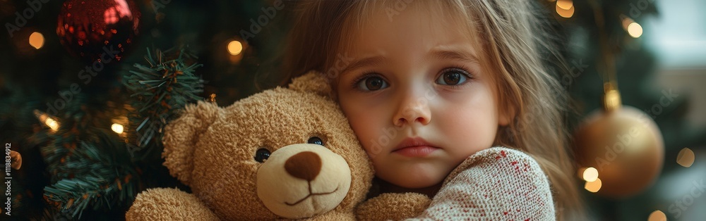 Sad orphan girl hugging teddy bear by Christmas tree
