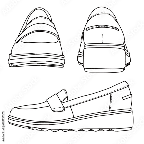 Women's Slip On Loafers Casual Shoes Line art, Technical sketch hand drawing outline vector doodle various view isolated on white background for coloring page