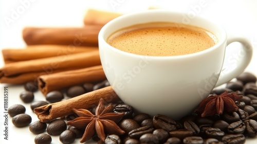 Specialty Coffees and Teas Masala chai - Spiced tea made with black tea milk and aromatic spices for a bold and flavorful drink Isolated solo on plain background One main object photo