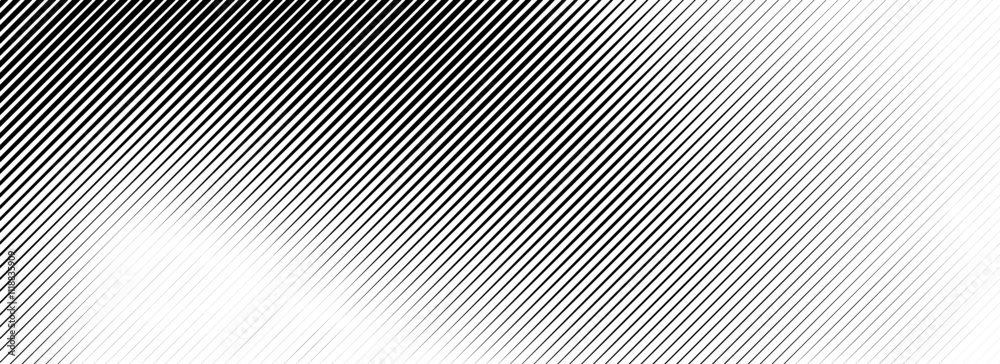 Fading line halftone gradient texture. Black diagonal stripe gradation background. Thin to thick vanishing slanted pattern backdrop. Oblique parallel stroke wallpaper for overlay, print, cover. Vector