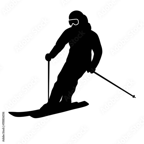 Ski silhouette. Silhouette of a skier. Winter sport, extreme sport concept. Isolated background. Vector illustration. Skiing and snowboarding sport silhouette