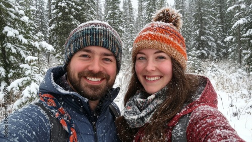 A Couple Smiling In Snowy Forest During Winter