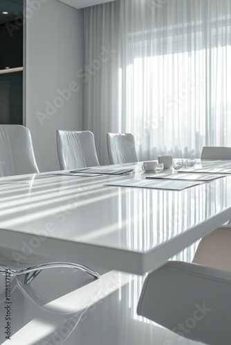 White conference table with a few chairs around it. The table is covered with a white tablecloth and a few cups. The room is well lit and the curtains are drawn, creating a professional photo