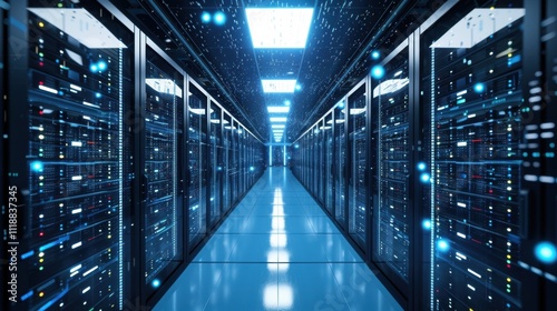 A server room filled with rows upon rows of powerful computers representing the immense data processing capabilities necessary for effective cybersecurity.