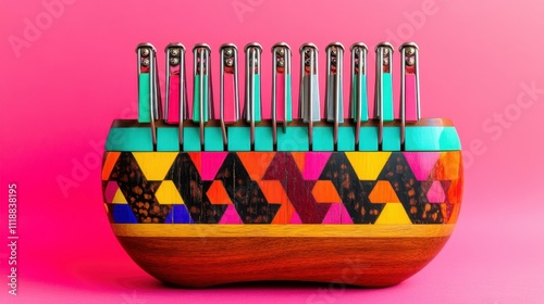 Musical Instruments Kalimba A thumb piano with metal tines and a wooden resonator Isolated solo on plain background One main object