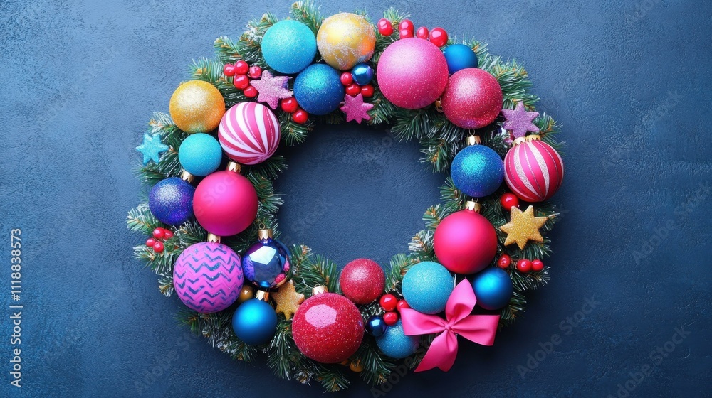 Seasonal Decorations Christmas wreath - Circular wreath adorned with ornaments and ribbons for Christmas Isolated solo on plain background One main object Seasonal Decorations Christmas wreath - Circular wreath adorned with ornaments and ribbons for Christmas Isolated solo on plain background One main object