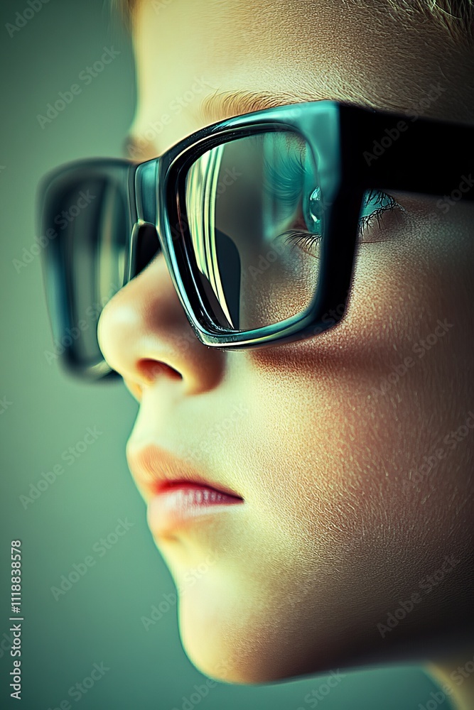 Close Up Profile Childs Face Partially Obscured By Stylish Black Frame Glasses, Contemplative Gaze Close Up Profile Childs Face Partially Obscured By Stylish Black Frame Glasses, Contemplative Gaze