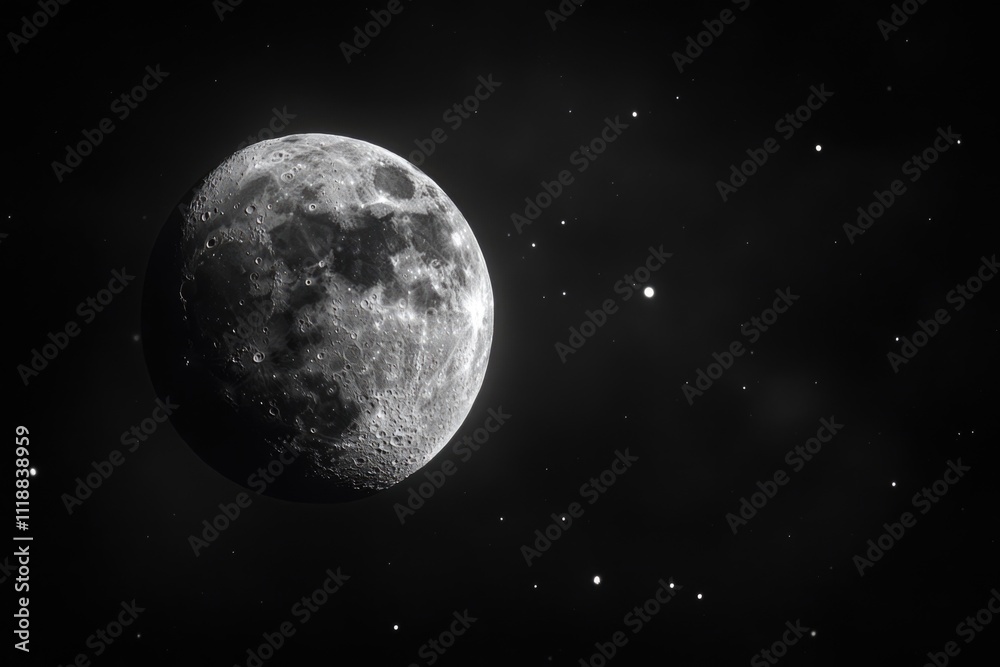 Large, dark moon is the main focus of this image. The sky is filled with stars, creating a serene and peaceful atmosphere. The contrast between the bright moon and the dark sky emphasizes the beauty Large, dark moon is the main focus of this image. The sky is filled with stars, creating a serene and peaceful atmosphere. The contrast between the bright moon and the dark sky emphasizes the beauty