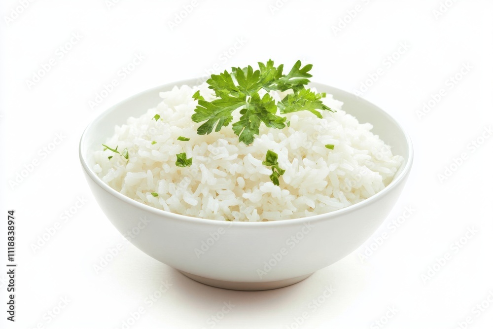 Bowl of white rice with parsley garnish Bowl of white rice with parsley garnish