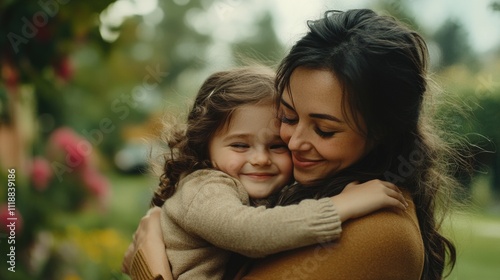 A warm embrace of a mother with her child in a garden setting.