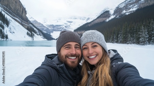 Smiling Couple in Winter Clothing Posing for Selfie in Snowy Mountains