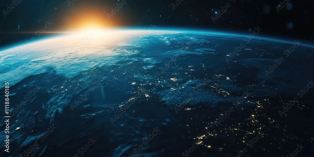 Night time image of Earth from space showing the sunlit half and satellite imagery, highlighting global connectivity. Night time image of Earth from space showing the sunlit half and satellite imagery, highlighting global connectivity.