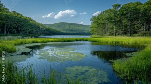 Serene lake nestled in lush green forest with mountains in background.