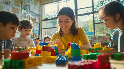 Teacher guiding children during a creative building activity with colorful blocks in a sunlit classroom. Early education, teamwork, and learning through play concept. Design for educational