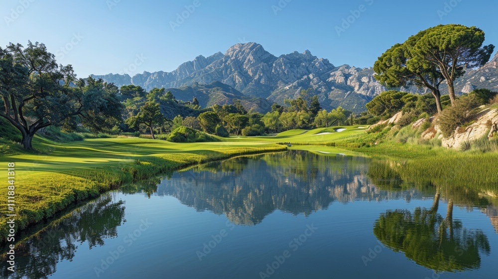 Serene mountain golf course reflecting in calm lake. Serene mountain golf course reflecting in calm lake.