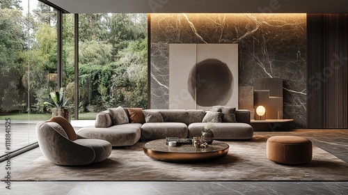 uxurious modern living room with floor-to-ceiling windows, polished stone floors, velvet seating, modern art pieces, large luxurious area rugs
