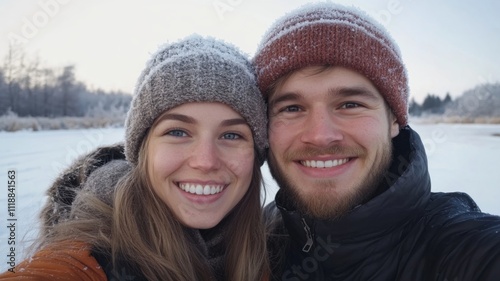 A Couple Smiling for a Selfie in the Snow