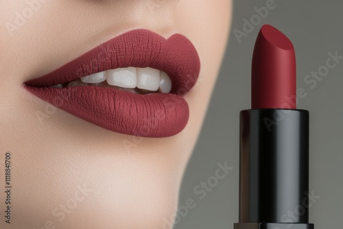 Close-up of a woman's lips with matte red lipstick and a matching lipstick tube. Perfect for beauty and makeup concepts.