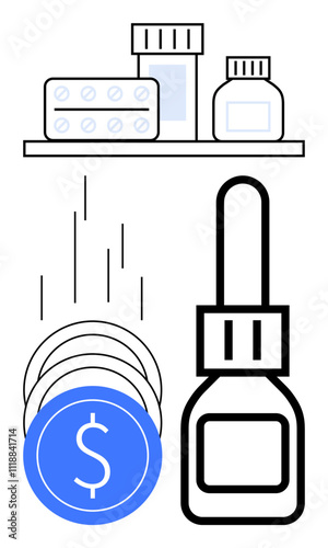 Medical supplies including pills, a dropper bottle, and medicine containers with coins falling, signifying healthcare expenses. Ideal for healthcare costs, medical budgeting, pharmacy, medicine