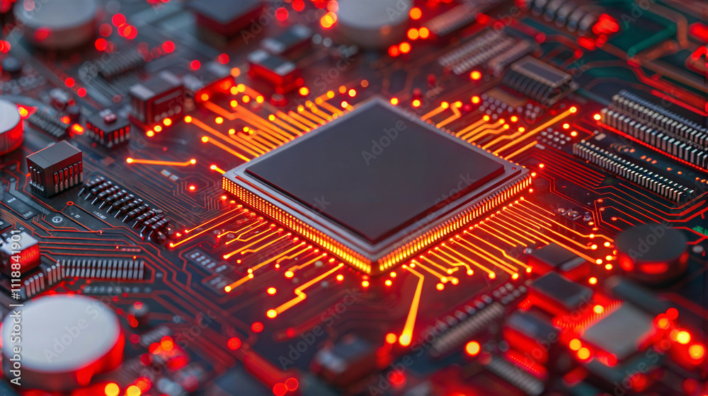 Fototapeta premium Abstract visualization of nuttakrit quantum computer chip in digital environment