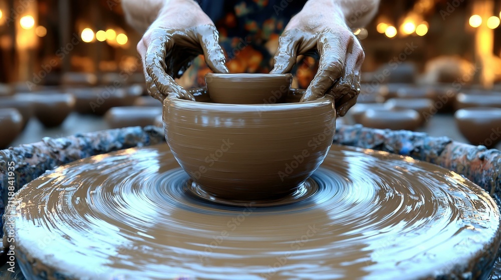 Potter hands shaping clay on spinning wheel, artistic craftwork creating ceramic bowl, workshop environment, creative hobby, warm lighting, mud texture, traditional pottery making, handmade art, arti Potter hands shaping clay on spinning wheel, artistic craftwork creating ceramic bowl, workshop environment, creative hobby, warm lighting, mud texture, traditional pottery making, handmade art, arti