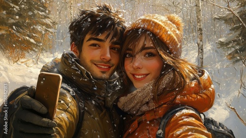 A Couple Taking a Selfie in a Snowy Forest photo