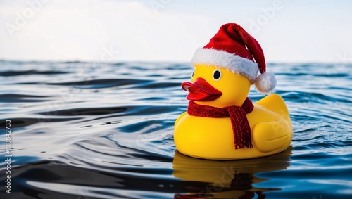 Close-up yellow rubber duck wearing Santa hat and red scarf floating on water.
