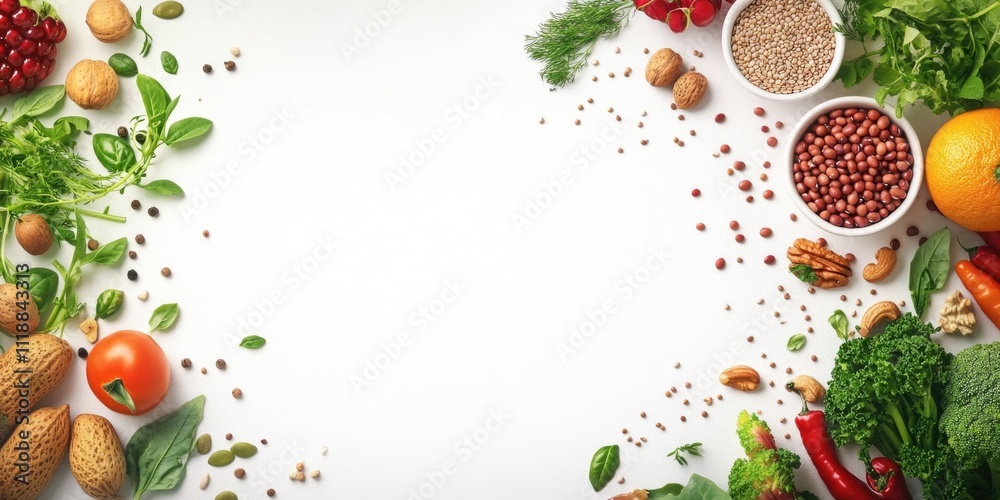 Variety of fruits and vegetables in a white background.
