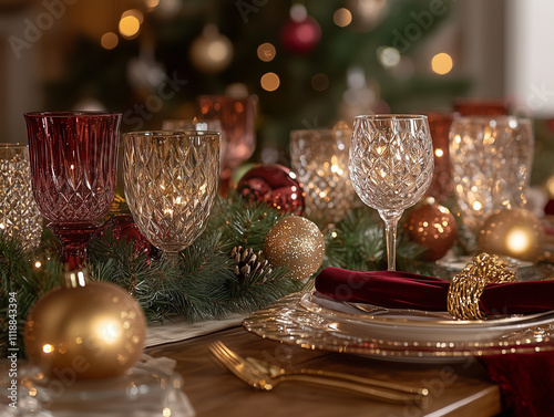 Luxurious Christmas dining tables adorned with gold accents, crystal glassware, and festive decor, featuring pinecones, ornaments, and elegant red napkins for a warm holiday atmosphere.