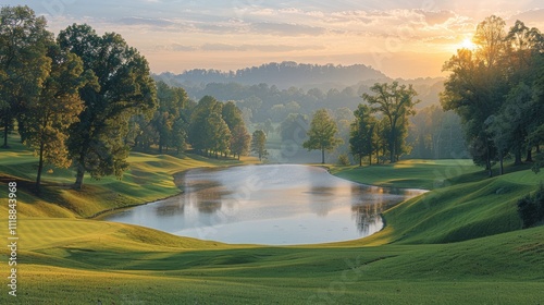Serene sunrise over a tranquil golf course pond.