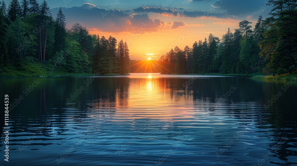 Serene sunset over calm lake reflecting vibrant colors, surrounded by lush green forest. Serene sunset over calm lake reflecting vibrant colors, surrounded by lush green forest.