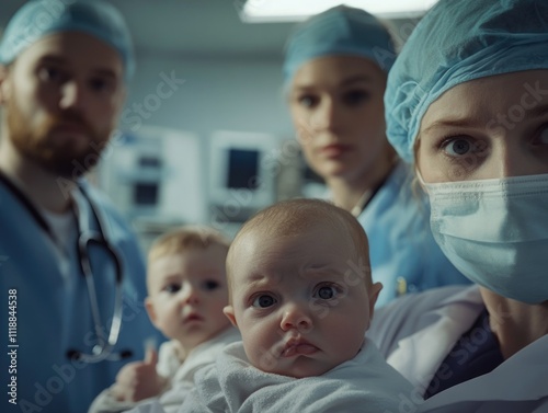 Professional medical staff tending to newborn babies, wearing surgical gowns and masks in a hospital setting.